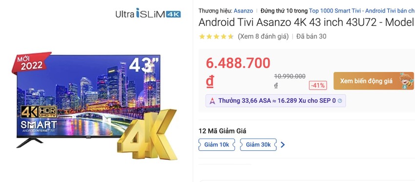 Tivi Asanzo 4K giá chỉ 6,48 triệu đồng. Ảnh: TIỂU MINH